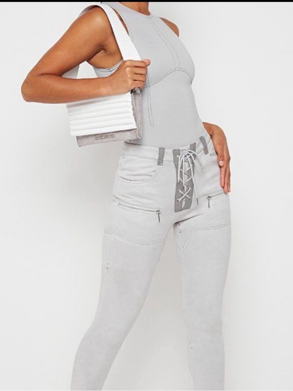 Manière De Voir Grey Suede Lace-Up High Waist Skinny Pants Y2K Moto US 4 UK 8